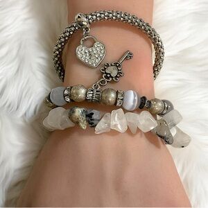 Tourmalinated White Quartz Silver/White Beaded Bracelet Set